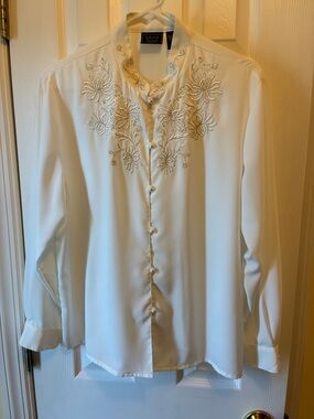 Laura Scott White Blouse with Gold Floral Embroidery and Pearl Buttons